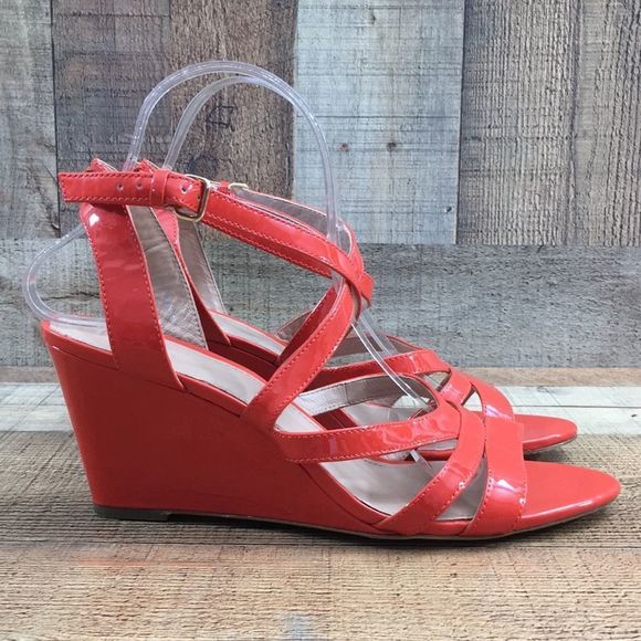 J. Crew Marci Patent Leather Strappy Wedge Sandals Orange Womens 9 - Picture 1 of 12